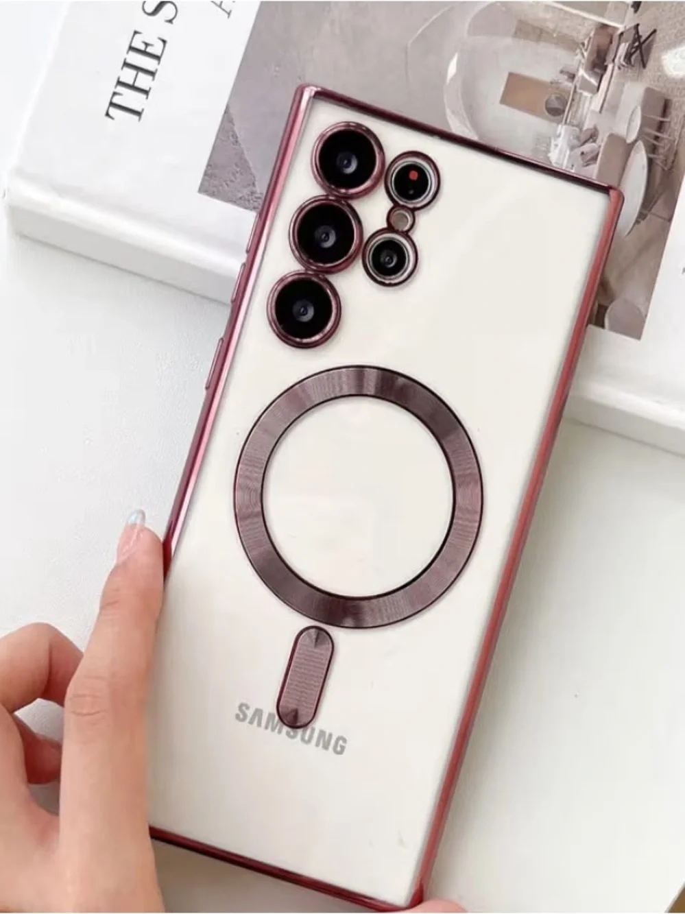 Samsung Clear Case with Rose Pink Magnetic Ring Galaxy S22 Ultra Phone Case
